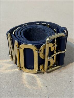 Moschino Navy Leather Logo-Link Belt with Gold Hardware